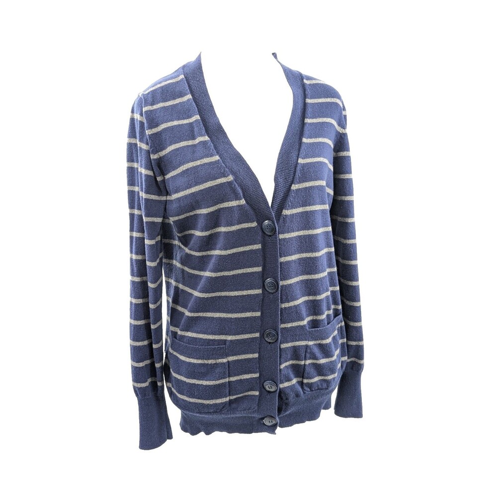 Grace Elements Cotton Cashmere Cardigan Navy Gray Striped Grandpa Sweater Size L